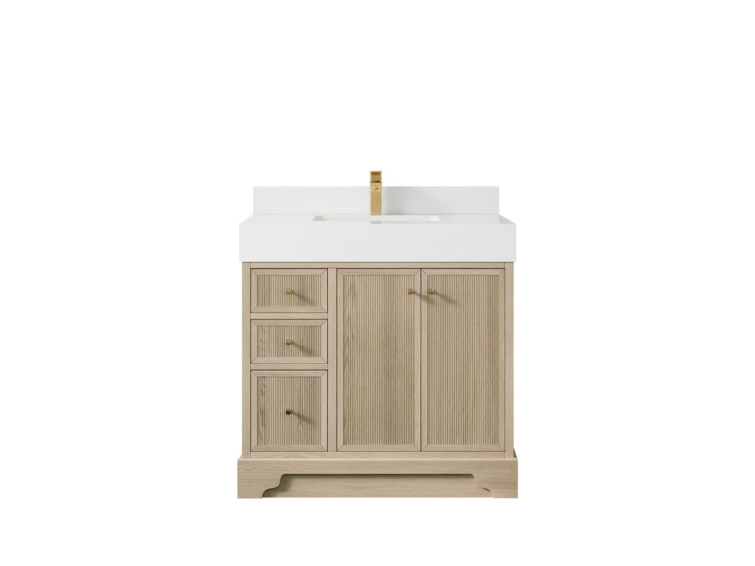 Manhattan Oak 36 in. W x 22 in. D Center Sink Bathroom Vanity in Nordic White with 5 in White Quartz Countertop 