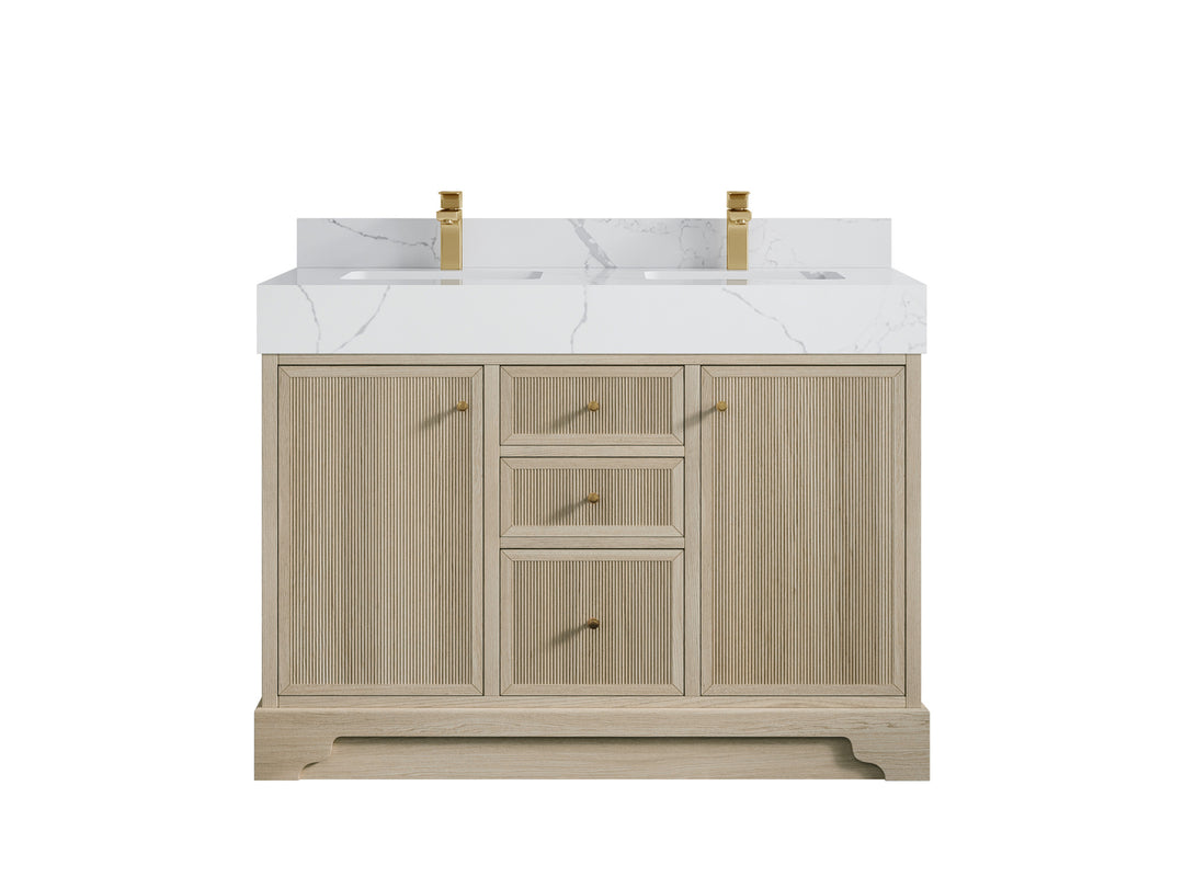 Manhattan Oak 48 in. W x 22 in. D Double Sink Bathroom Vanity in Nordic White with 5 in Calacatta Laza Quartz Countertop