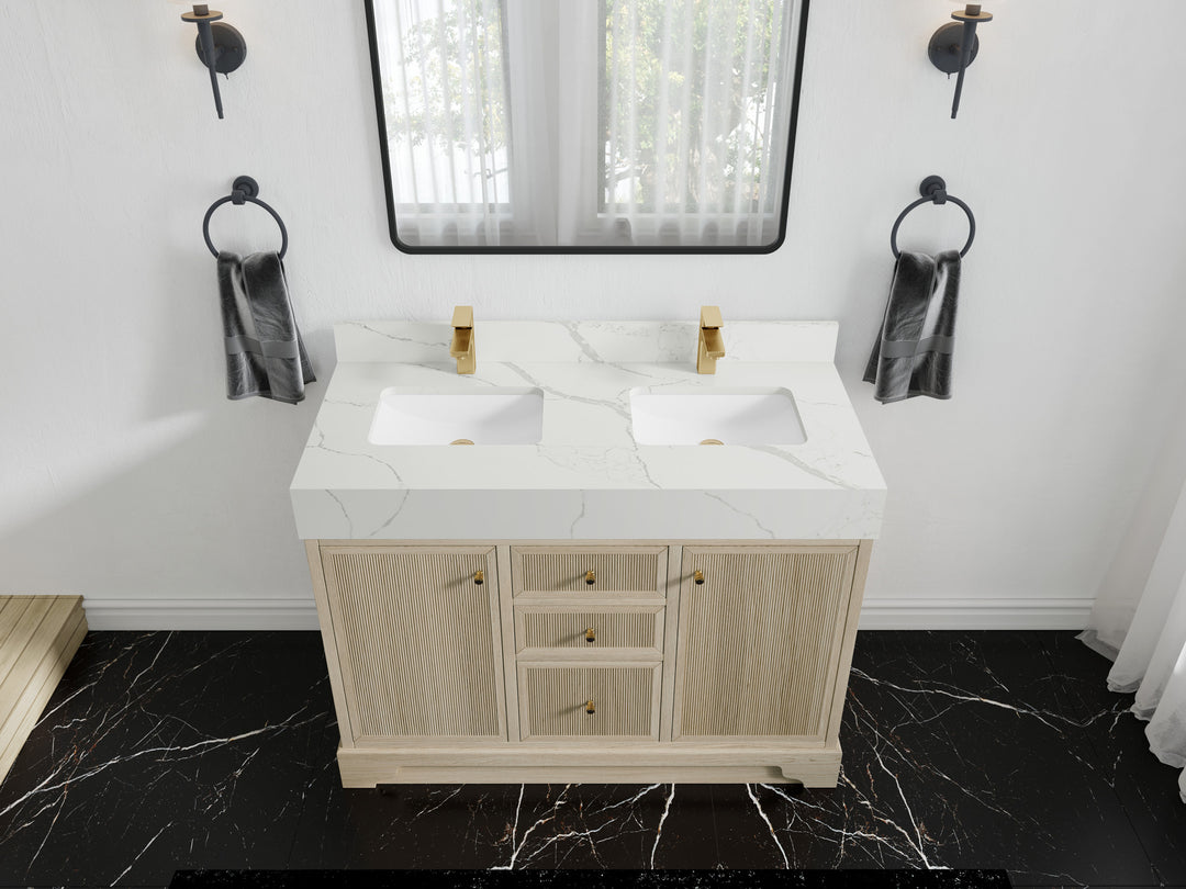 Manhattan Oak 48 in. W x 22 in. D Double Sink Bathroom Vanity in Nordic White with 5 in Calacatta Laza Quartz Countertop - Top View