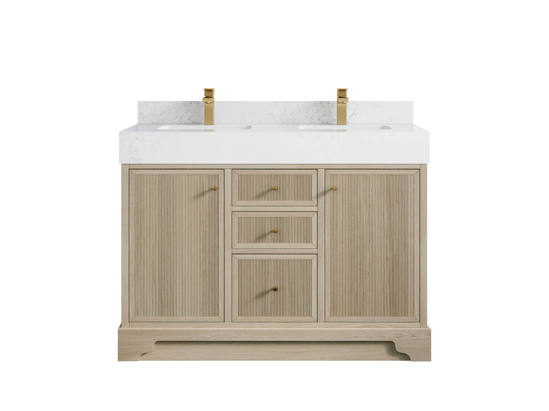 Manhattan Oak 48 in. W x 22 in. D Double Sink Bathroom Vanity in Nordic White with 5 in Empira White Quartz Countertop