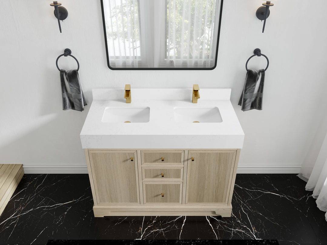Manhattan Oak 48 in. W x 22 in. D Double Sink Bathroom Vanity in Nordic White with 5 in Empira White Quartz Countertop - Top View