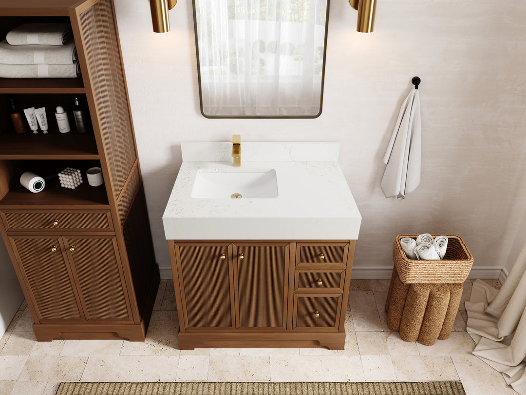 Manhattan Teak Wood 36 in. W x 22 in. D Left Offset Sink Bathroom Vanity