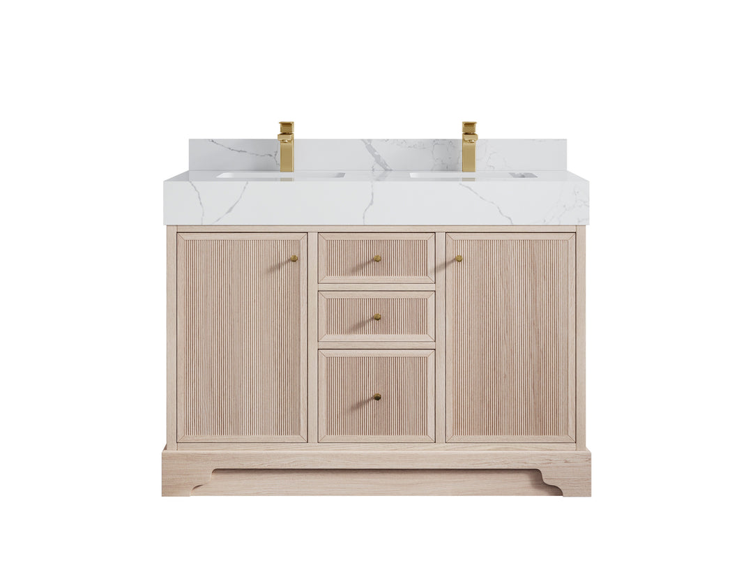 Manhattan White Oak 48 in. W x 22 in. D Double Sink Bathroom Vanity with 5 in Calacatta Laza Quartz Countertop