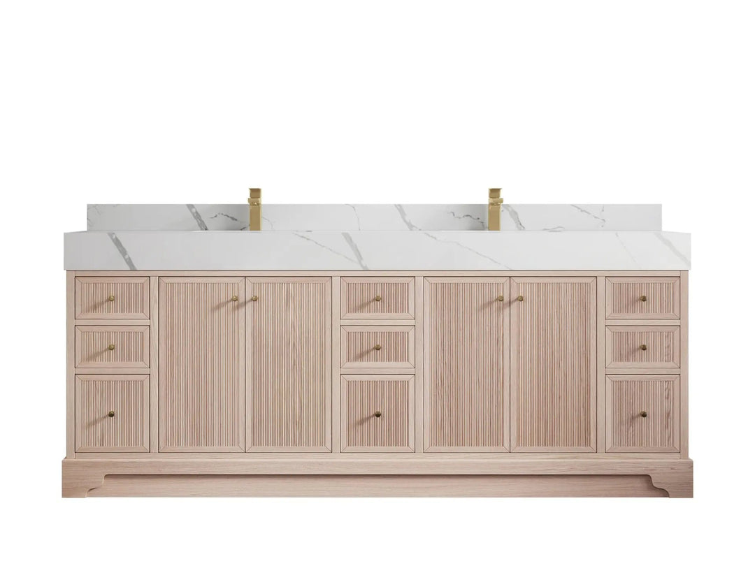Manhattan White Oak 84 in. W x 22 in. D Double Sink Bathroom Vanity with 5 in Calacatta Laza Quartz Countertop