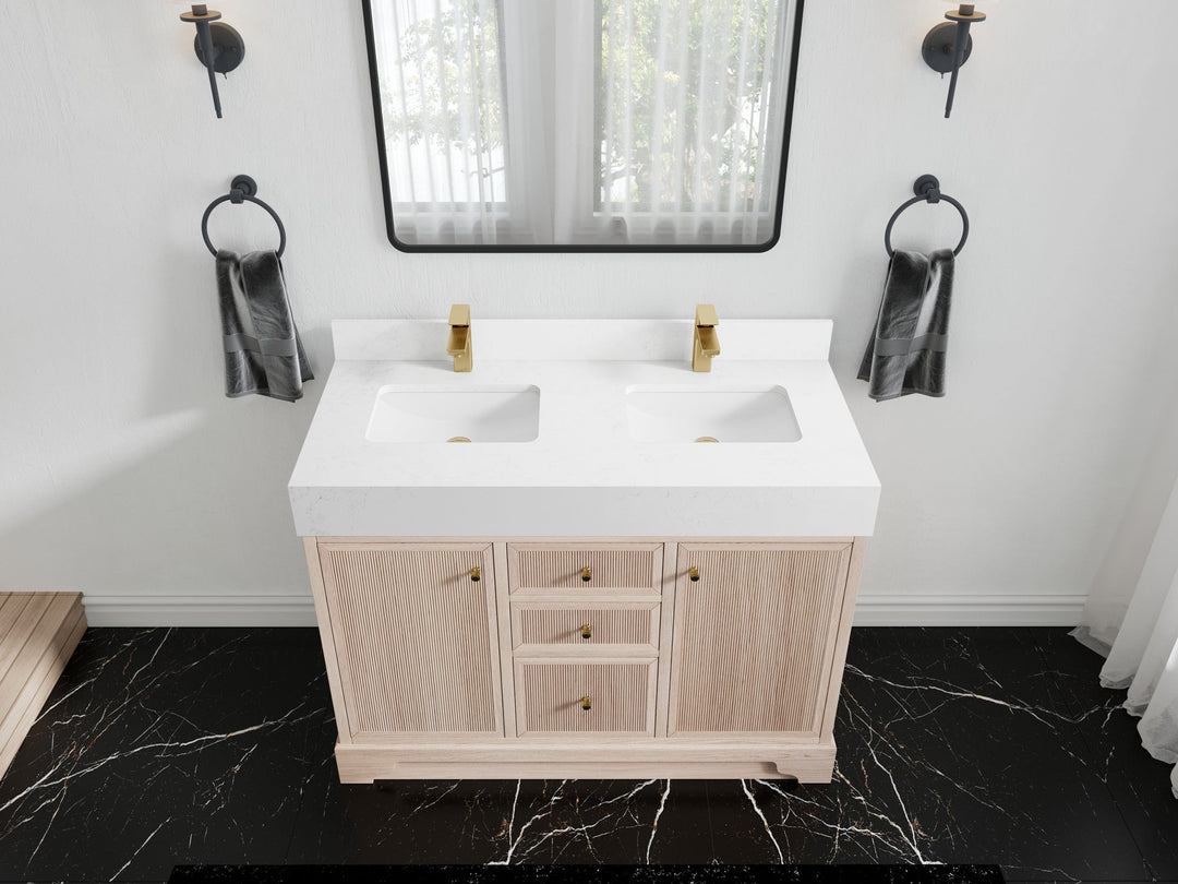 Manhattan White Oak 48 in. W x 22 in. D Double Sink Bathroom Vanity with 5 in Empira White Quartz Countertop - Top View