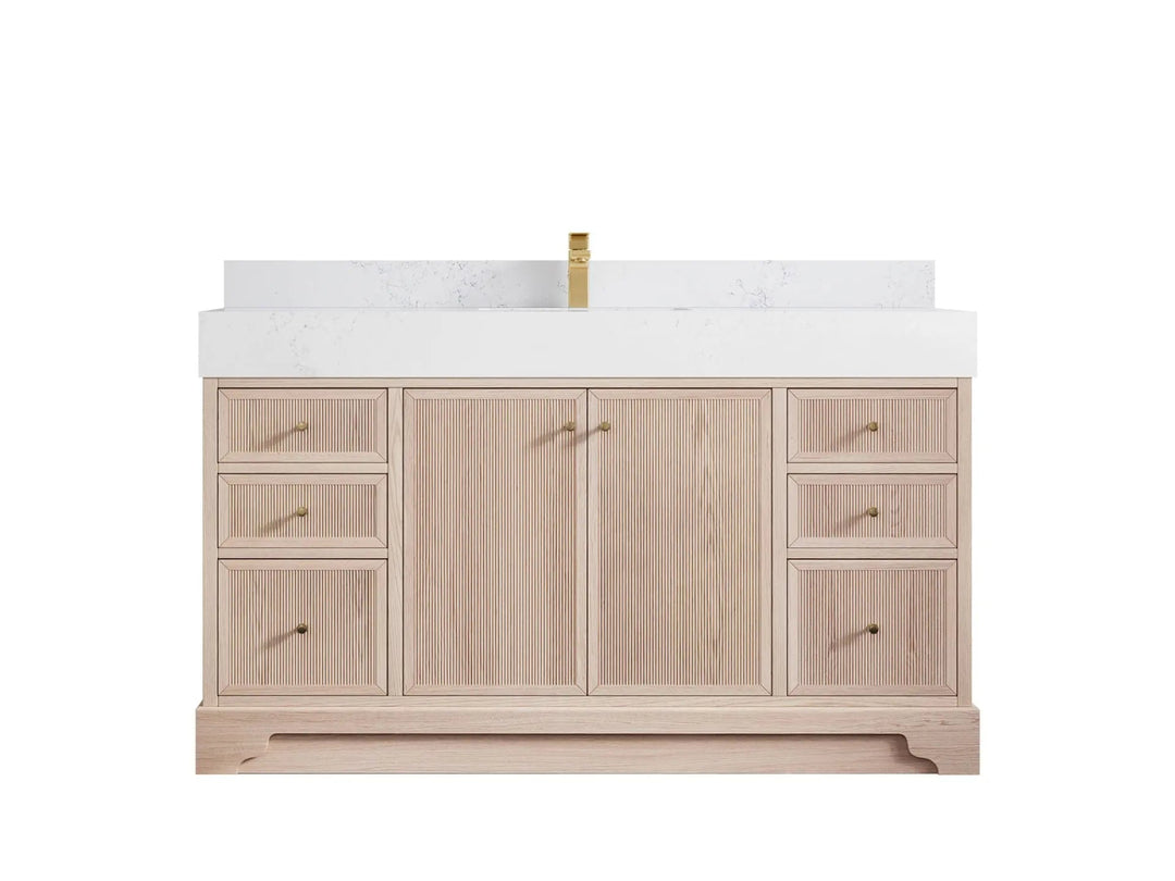 Manhattan White Oak 60 in. W x 22 in. D Single Sink Bathroom Vanity with 5 in Empira White Quartz Countertop