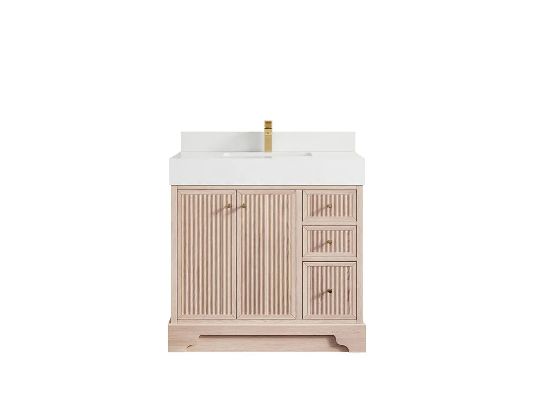 Manhattan White Oak 36 in. W x 22 in. D Center Sink Bathroom Vanity with 5 in White Quartz Countertop 