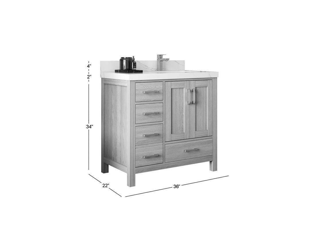 Malibu White Oak 36 in. W x 22 in. D Right Offset Sink Bathroom Vanity