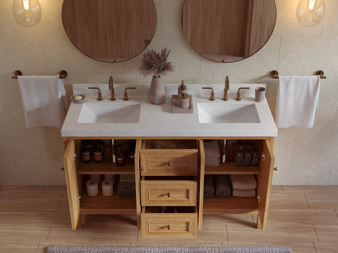 Nashville Teak Wood 60 in. W x 22 in. D Double Sink Bathroom Vanity | 
              
                Light Natural Teak
                
                  
             - NAS_TK_LNT_WHQZ_60D - photo №2