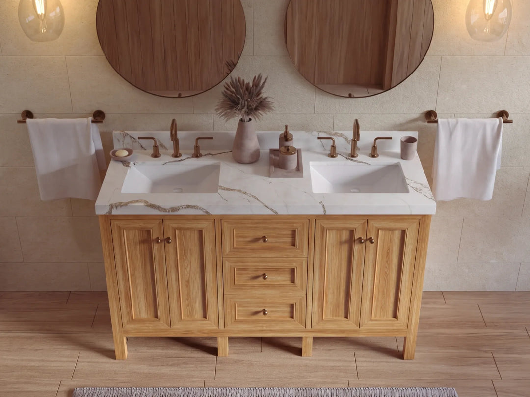 Nashville Teak Wood 60 in. W x 22 in. D Double Sink Bathroom Vanity | 
              
                Light Natural Teak
                
                  
             - NAS_TK_LNT_WHQZ_60D - photo №14