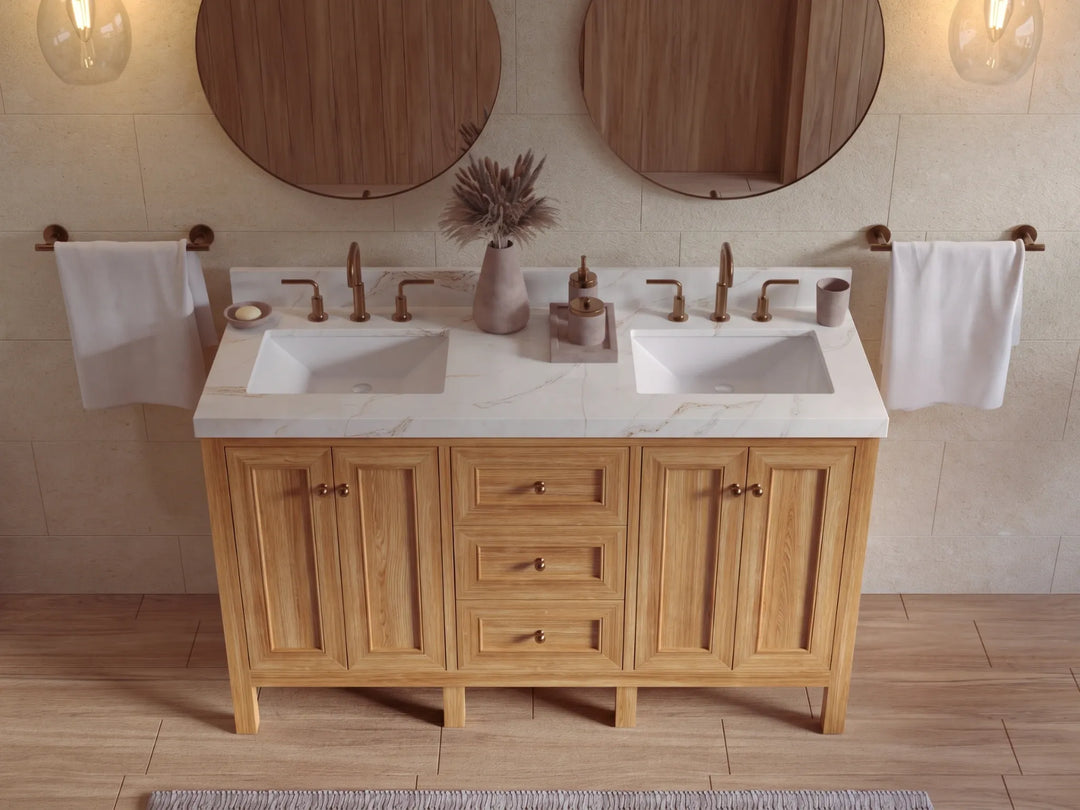 Nashville Teak Wood 60 in. W x 22 in. D Double Sink Bathroom Vanity | 
              
                Light Natural Teak
                
                  
             - NAS_TK_LNT_WHQZ_60D - photo №18