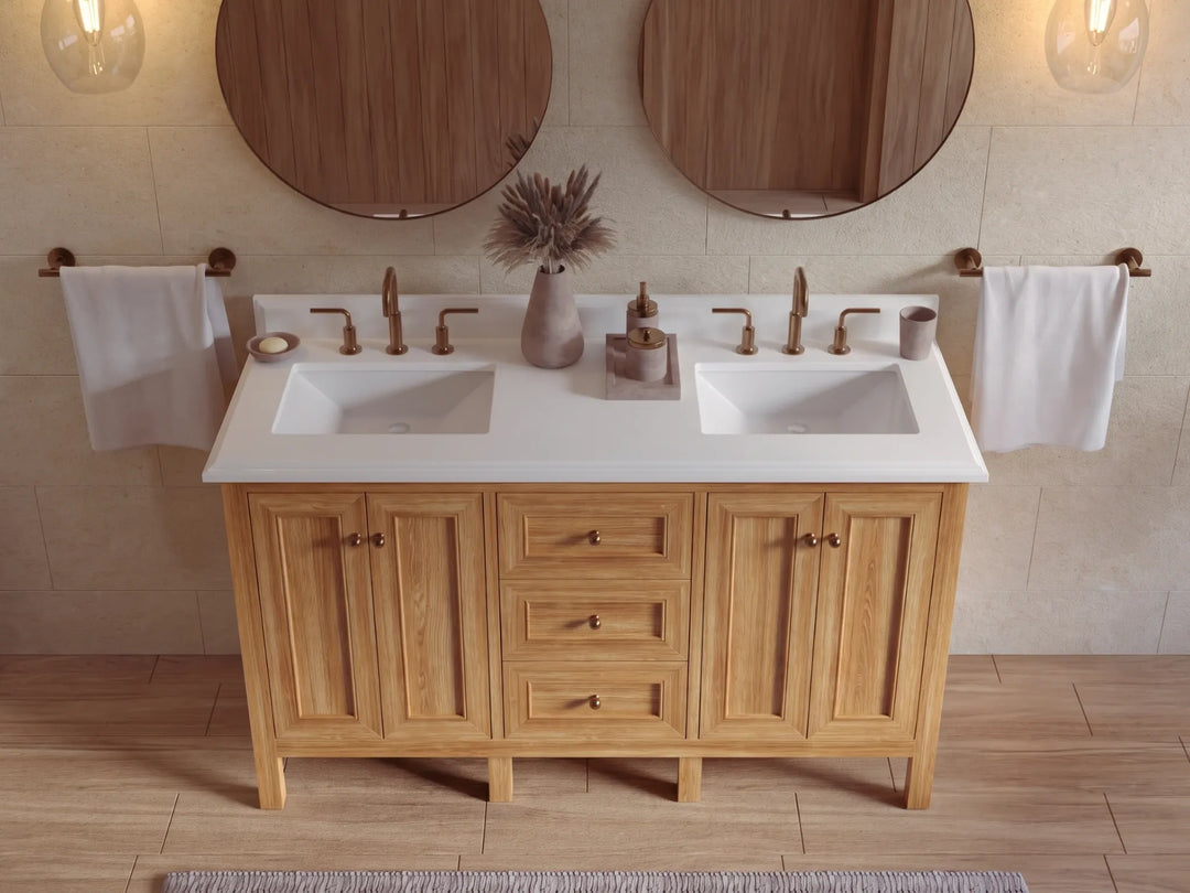 Nashville Teak Wood 60 in. W x 22 in. D Double Sink Bathroom Vanity | 
              
                Light Natural Teak
                
                  
             - NAS_TK_LNT_WHQZ_60D - photo №37