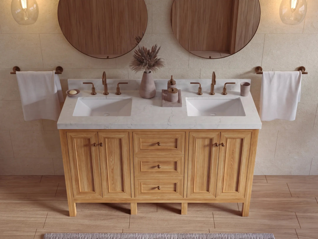 Nashville Teak Wood 60 in. W x 22 in. D Double Sink Bathroom Vanity | 
              
                Light Natural Teak
                
                  
             - NAS_TK_LNT_WHQZ_60D - photo №11