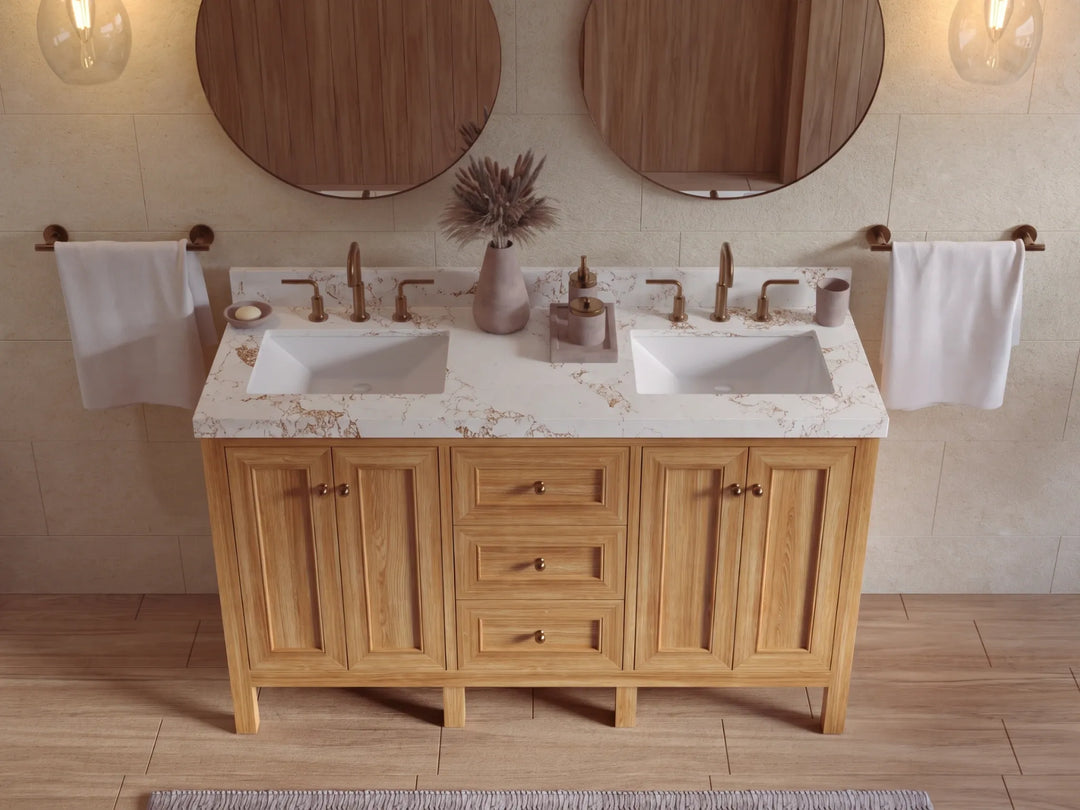 Nashville Teak Wood 60 in. W x 22 in. D Double Sink Bathroom Vanity | 
              
                Light Natural Teak
                
                  
             - NAS_TK_LNT_WHQZ_60D - photo №25