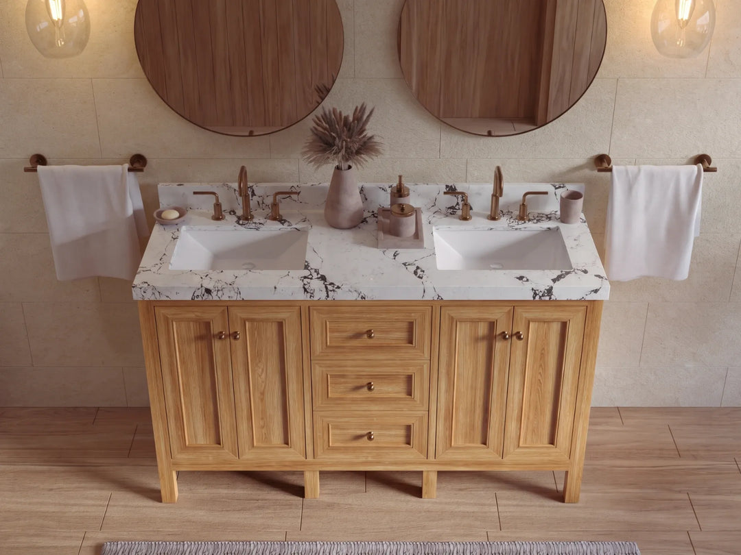 Nashville Teak Wood 60 in. W x 22 in. D Double Sink Bathroom Vanity | 
              
                Light Natural Teak
                
                  
             - NAS_TK_LNT_WHQZ_60D - photo №26