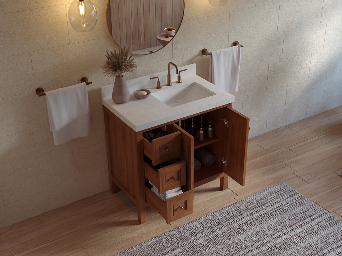 Nashville Teak Wood 36 in. W x 22 in. D Right Offset Sink Bathroom Vanity
