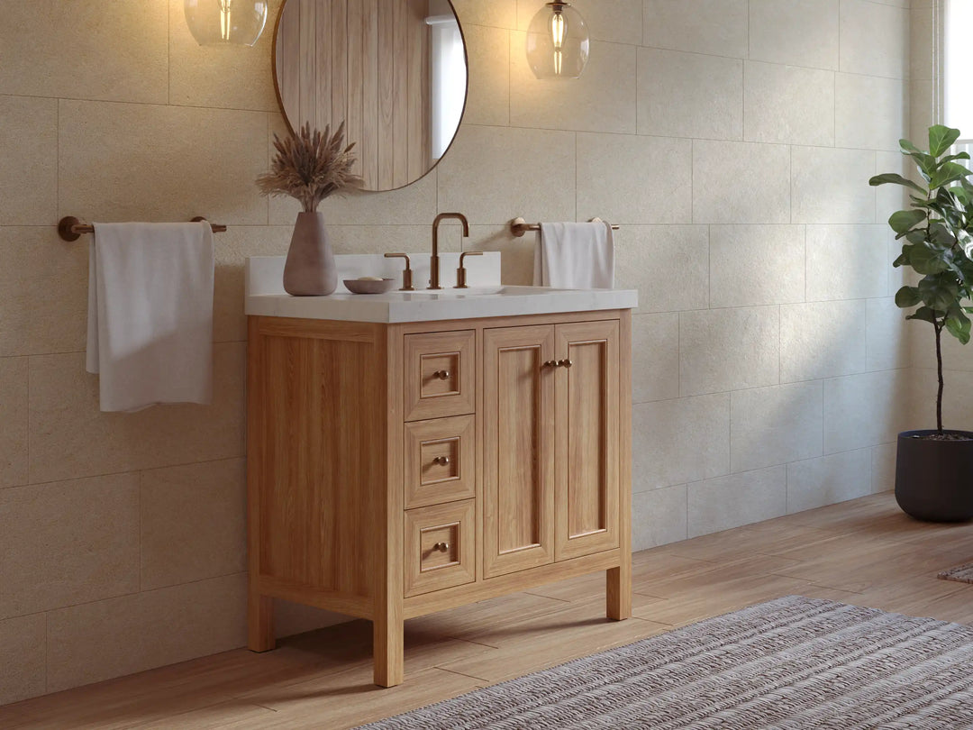 Nashville Teak Wood 36 in. W x 22 in. D Right Offset Sink Bathroom Vanity | 
              
                Light Natural Teak
                
                  
             - NAS_TK_LNT_WHQZ_36R - photo №3