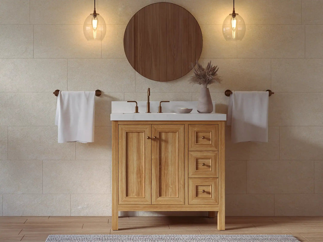 Nashville Teak Wood 36 in. W x 22 in. D Left Offset Sink Bathroom Vanity | 
              
                Light Natural Teak
                
                  
             - NAS_TK_LNT_WHQZ_36L - photo №5