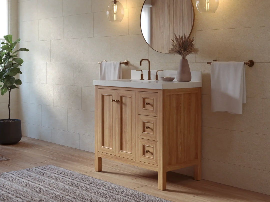 Nashville Teak Wood 36 in. W x 22 in. D Left Offset Sink Bathroom Vanity | 
              
                Light Natural Teak
                
                  
             - NAS_TK_LNT_WHQZ_36L - photo №3
