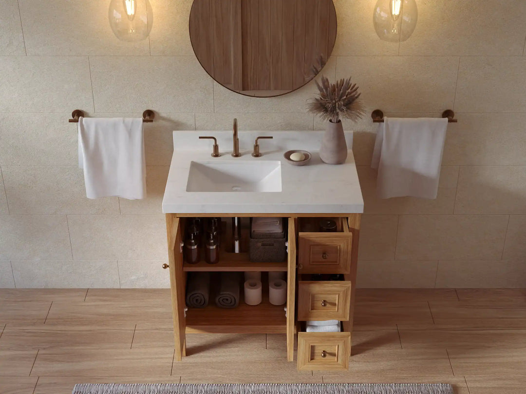 Nashville Teak Wood 36 in. W x 22 in. D Left Offset Sink Bathroom Vanity | 
              
                Light Natural Teak
                
                  
             - NAS_TK_LNT_WHQZ_36L - photo №2