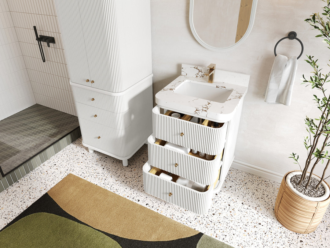 Miami 24 in. W x 22 in. D Single Sink Bathroom Vanity in White with Countertop - Side View Open Drawer