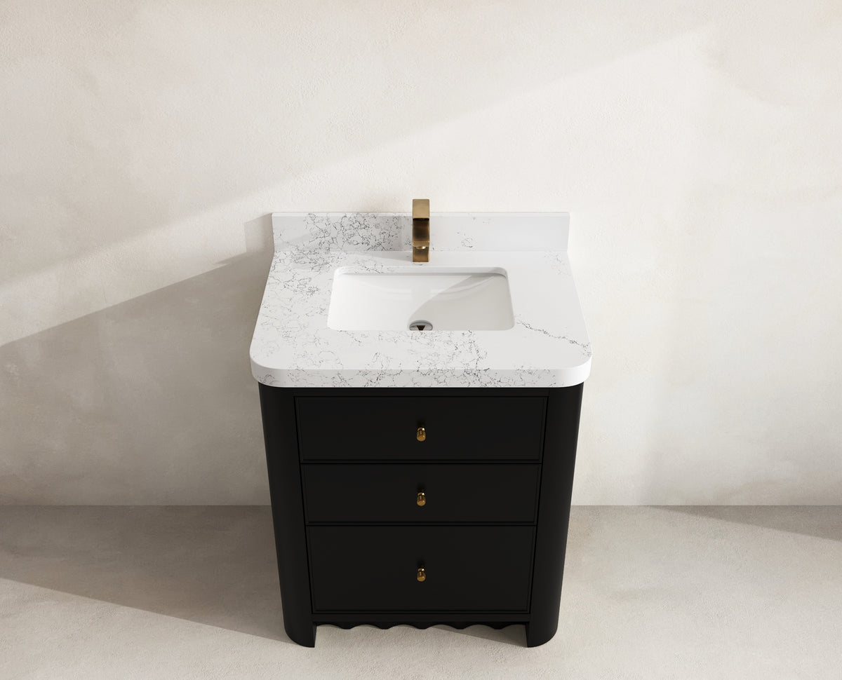 Orlando 30 in. single sink vanity in Black with an R100 Empira White quartz top, seen from above