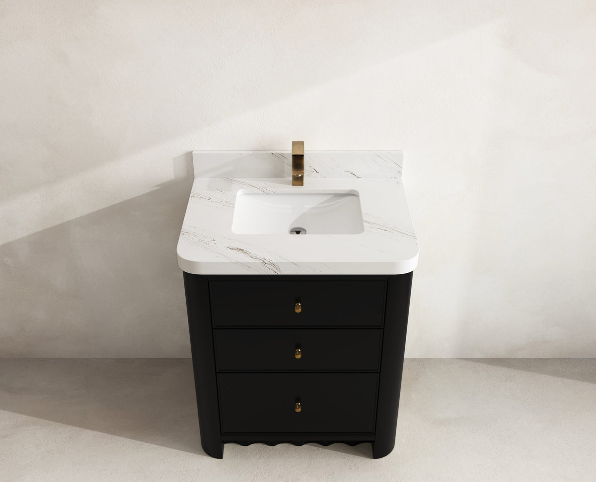 Orlando 30 in. single sink vanity in Black with an R100 Palissandro quartz top, seen from above