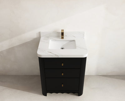 Orlando 30 in. single sink vanity in Black with an R100 Palissandro quartz top, seen from above