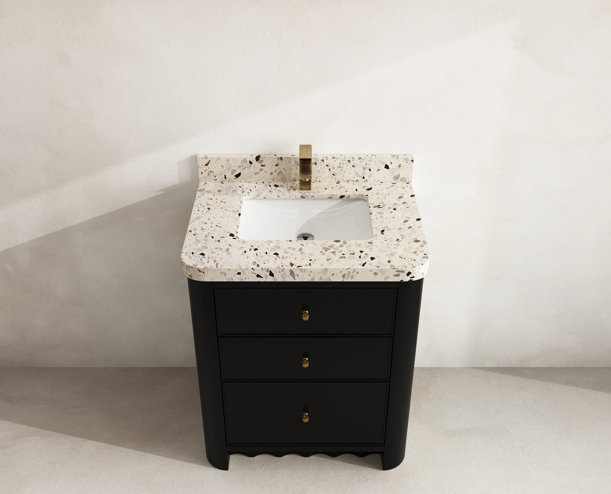 Orlando 30 in. single sink vanity in Black with an R100 Terrazzo Golden Dusk top, seen from above
