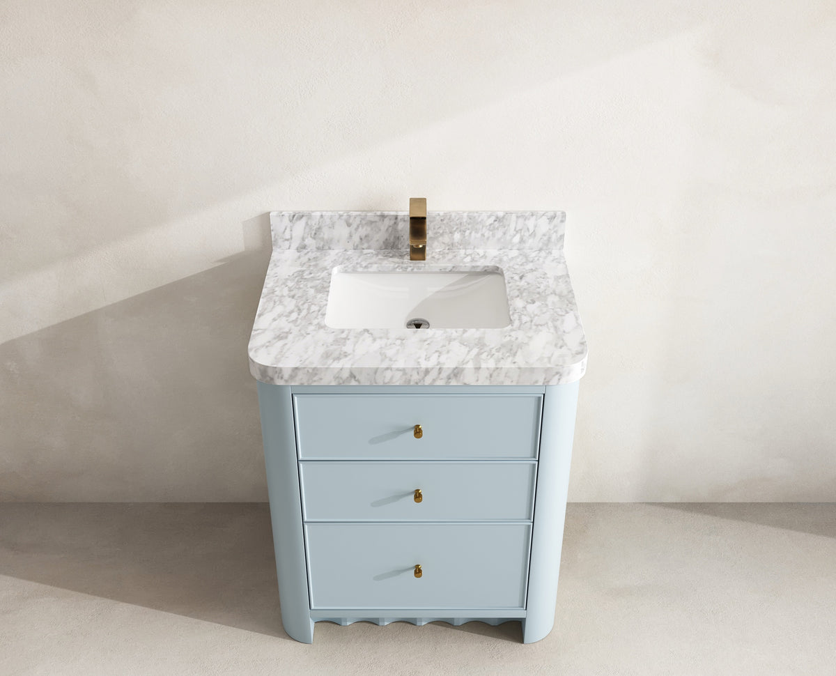 Orlando 30 in. single sink vanity in Blue Heather with an R100 Carrara marble top, seen from above