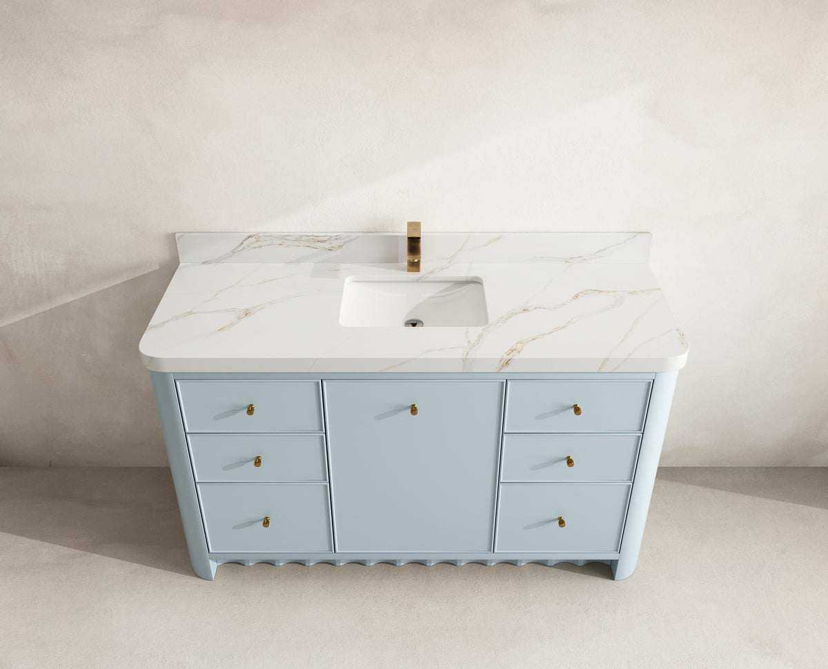 Orlando 60 in. single sink bathroom vanity in Blue Heather with R100 Calacatta Sienna Quartz top