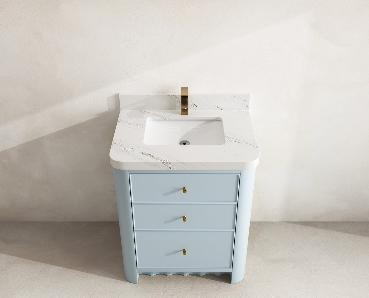 Orlando 30 in. single sink vanity in Blue Heather with an R100 Palissandro quartz top, seen from above