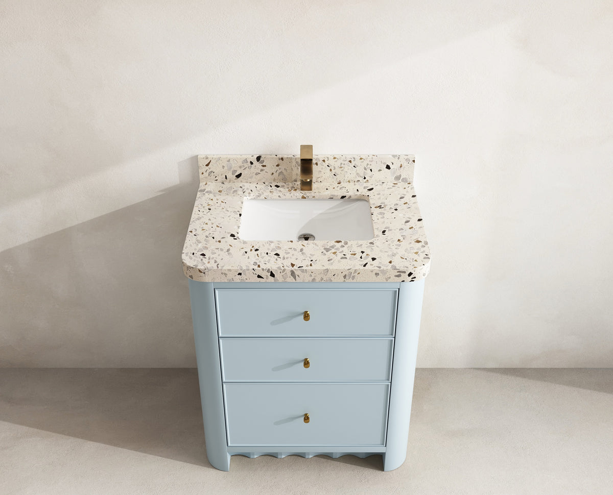 Orlando 30 in. single sink vanity in Blue Heather with an R100 Terrazzo Golden Dusk top, seen from above