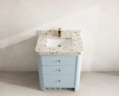 Orlando 30 in. single sink vanity in Blue Heather with an R100 Terrazzo Golden Dusk top, seen from above