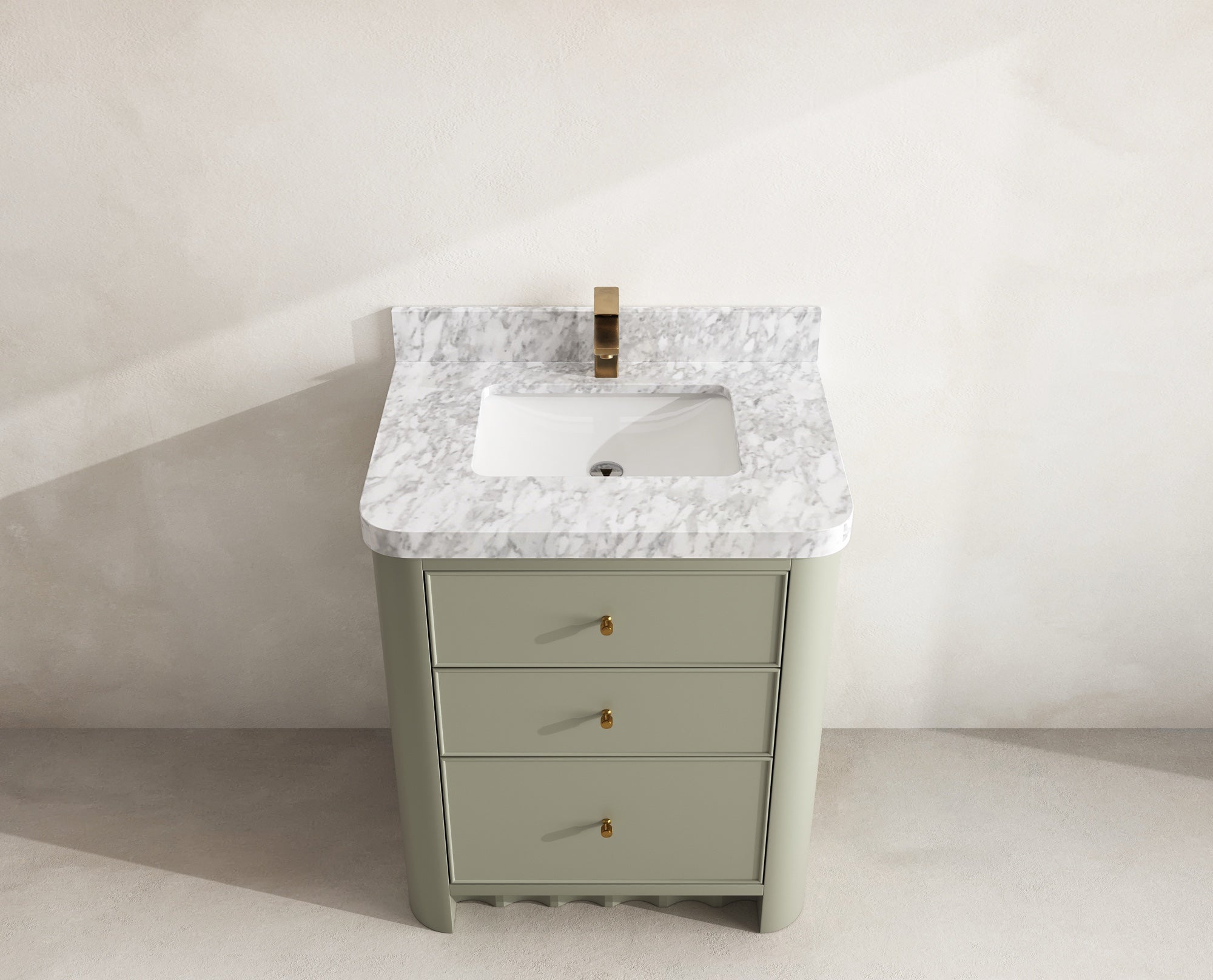 Orlando 30 in. single sink vanity in Evergreen with an R100 Carrara marble top, seen from above
