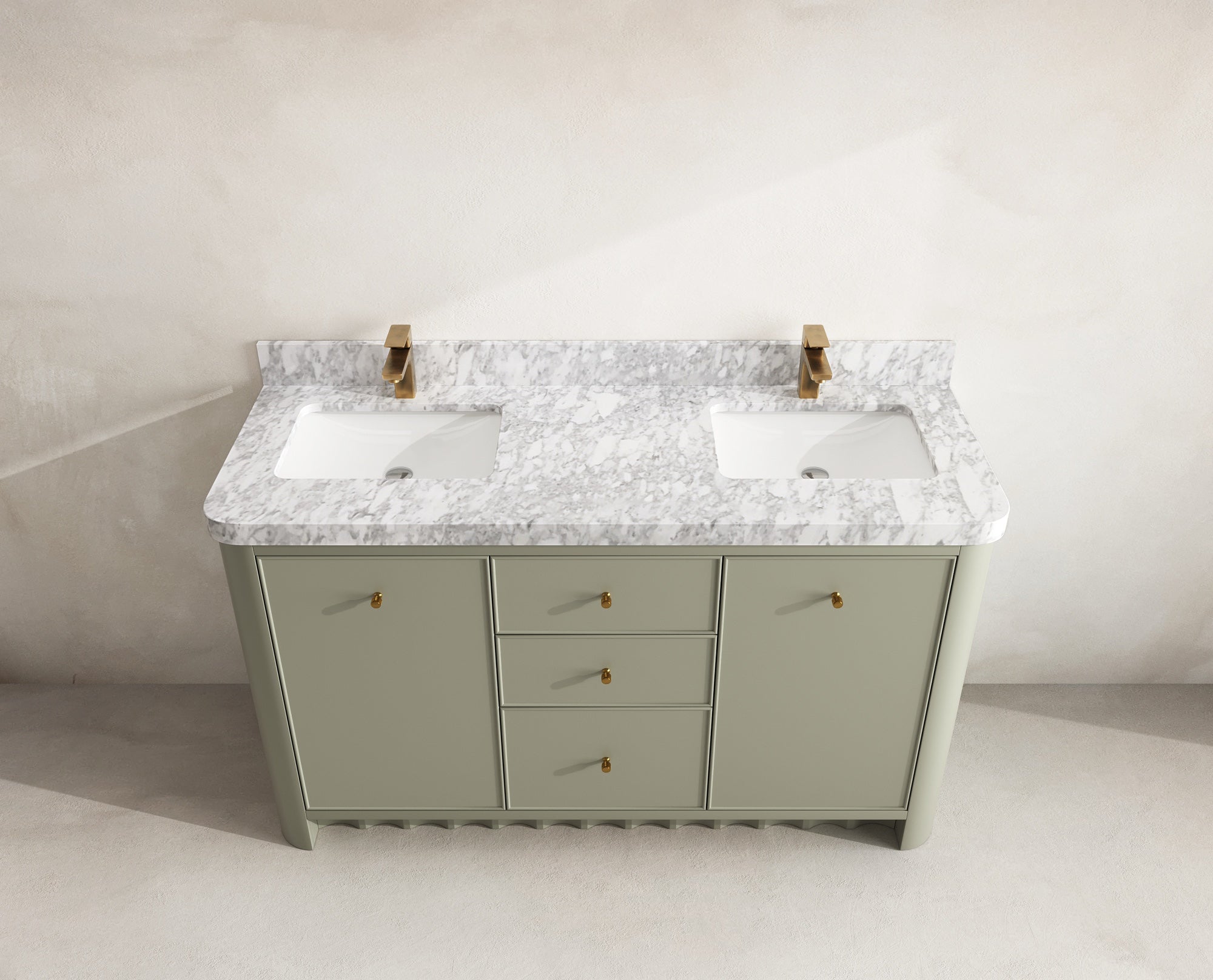 Orlando 60 in. double sink vanity in Evergreen with an R100 Carrara marble top, seen from above