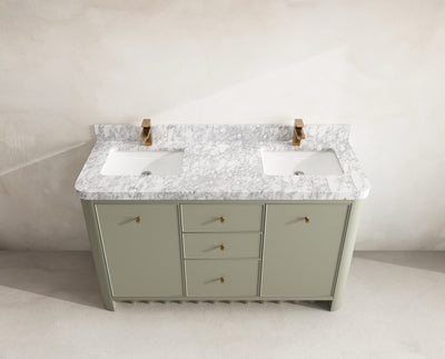 Orlando 60 in. double sink vanity in Evergreen with an R100 Carrara marble top, seen from above