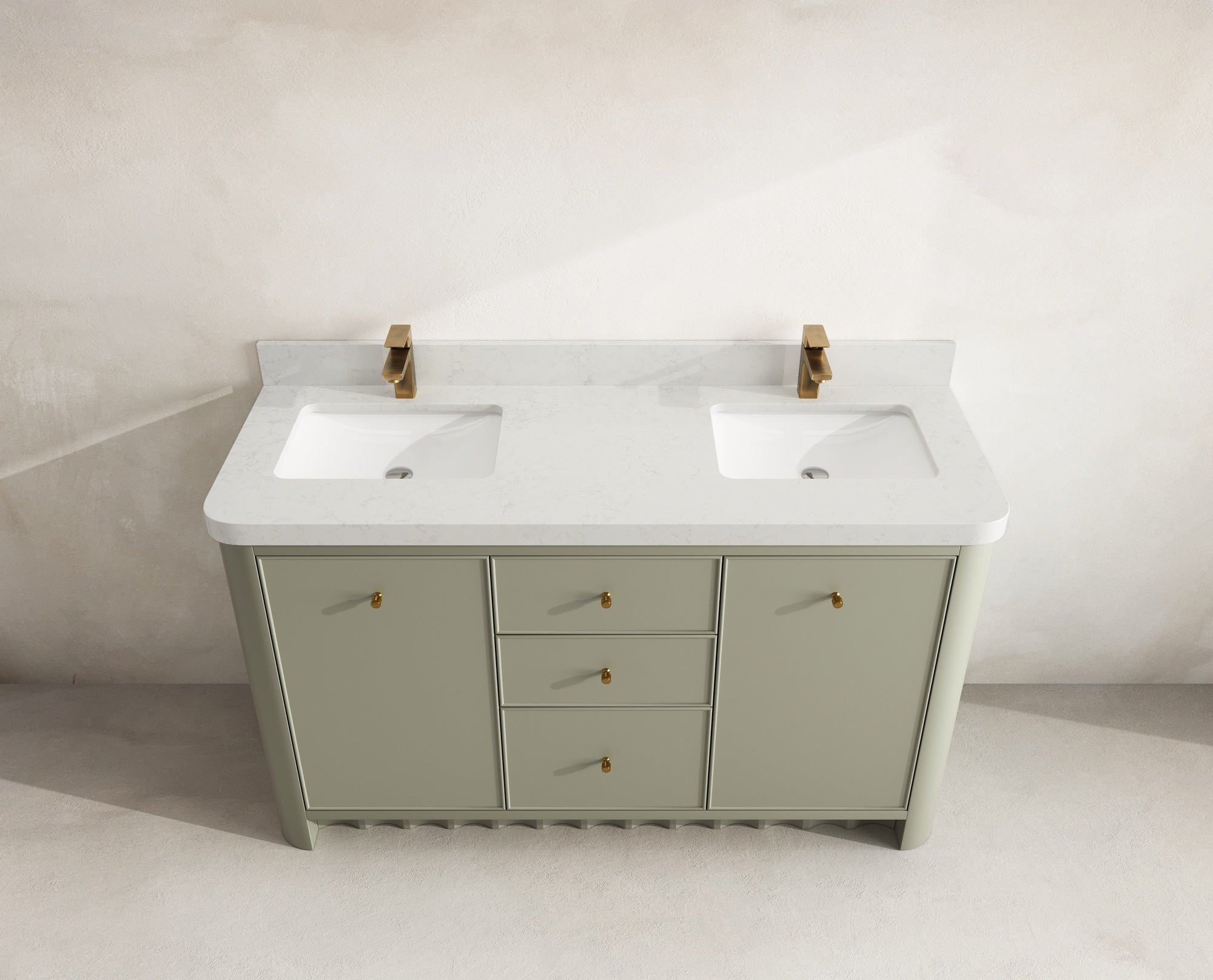 Orlando 60 in. double sink vanity in Evergreen with an R100 Carrara quartz top, seen from above