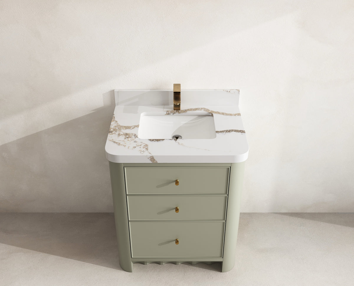 Orlando 30 in. single sink vanity in Evergreen with an R100 Calacatta Gold quartz top, seen from above