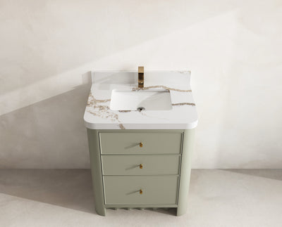 Orlando 30 in. single sink vanity in Evergreen with an R100 Calacatta Gold quartz top, seen from above