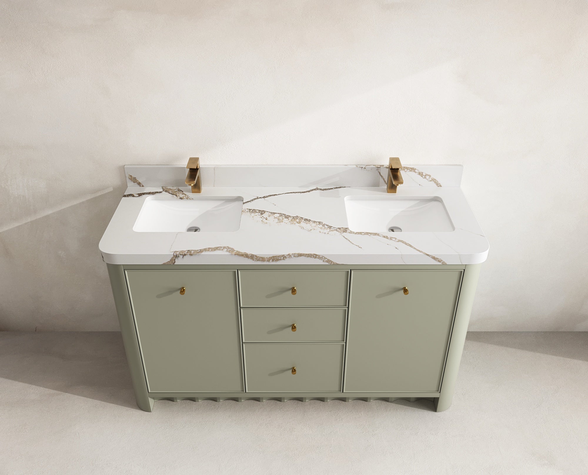 Orlando 60 in. double sink vanity in Evergreen with an R100 Calacatta Gold quartz top, seen from above