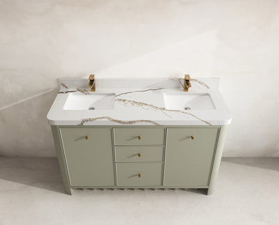Orlando 60 in. double sink vanity in Evergreen with an R100 Calacatta Gold quartz top, seen from above