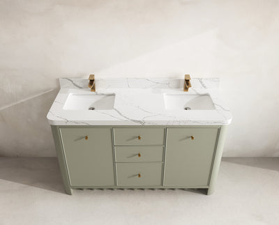 Orlando 60 in. double sink vanity in Evergreen with an R100 Calacatta Laza quartz top, seen from above