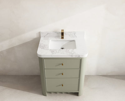 Orlando 30 in. single sink vanity in Evergreen with an R100 Calacatta Nuvo quartz top, seen from above