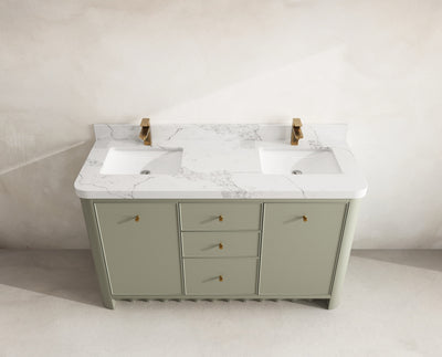 Orlando 60 in. double sink vanity in Evergreen with an R100 Calacatta Nuvo quartz top, seen from above