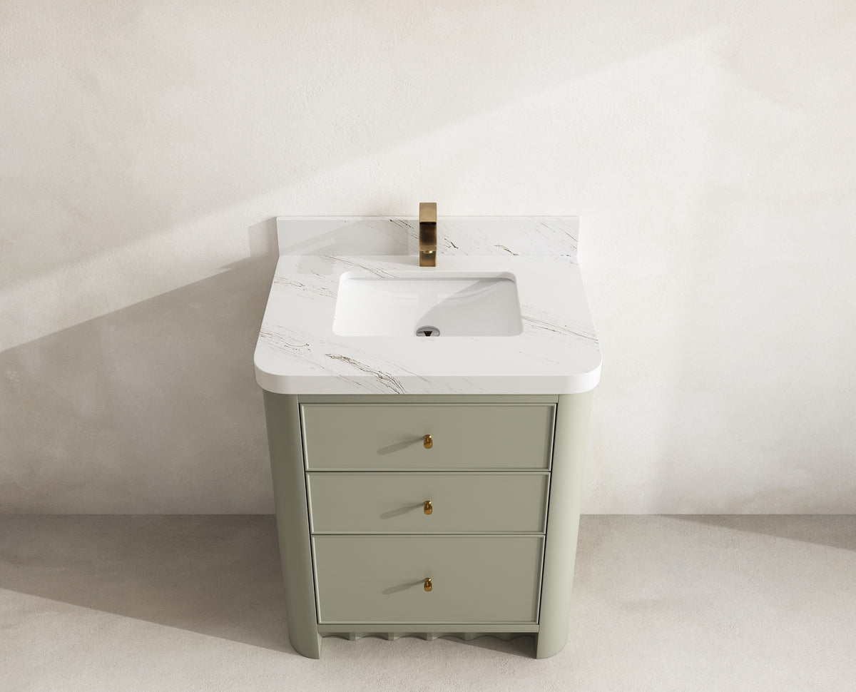 Orlando 30 in. single sink vanity in Evergreen with an R100 Palissandro quartz top, seen from above