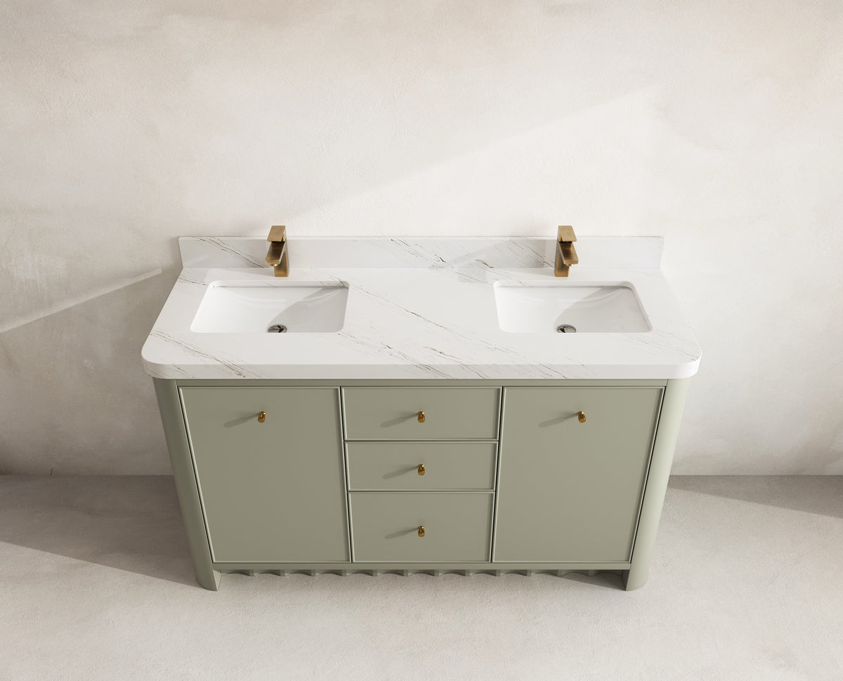 Orlando 60 in. double sink vanity in Evergreen with an R100 Palissandro quartz top, seen from above