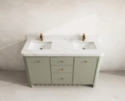 Orlando 60 in. double sink vanity in Evergreen with an R100 Palissandro quartz top, seen from above