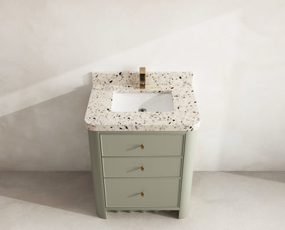 Orlando 30 in. single sink vanity in Evergreen with an R100 Terrazzo Golden Dusk top, seen from above
