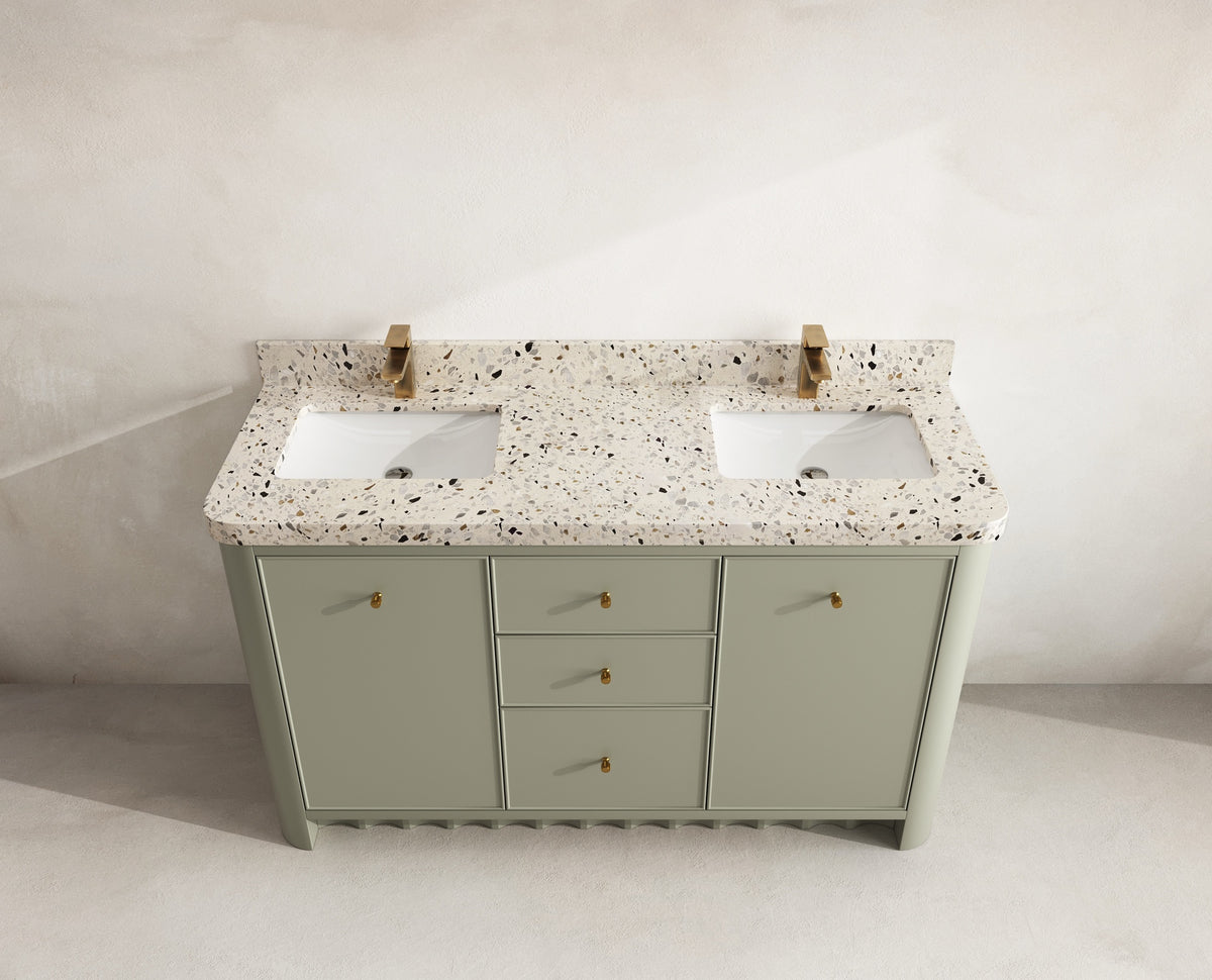 Orlando 60 in. double sink vanity in Evergreen with an R100 Terrazzo Golden Dusk top, seen from above